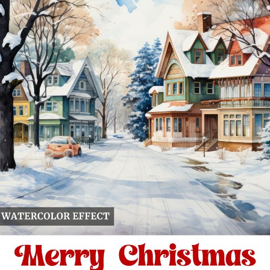 Whimsical rustic Christmas scene bright city art  Feestdagenkaart