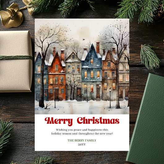 Whimsical rustic Christmas scene bright city art  Feestdagenkaart