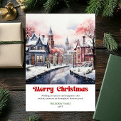 Whimsical rustic Christmas scene bright city art  Feestdagenkaart