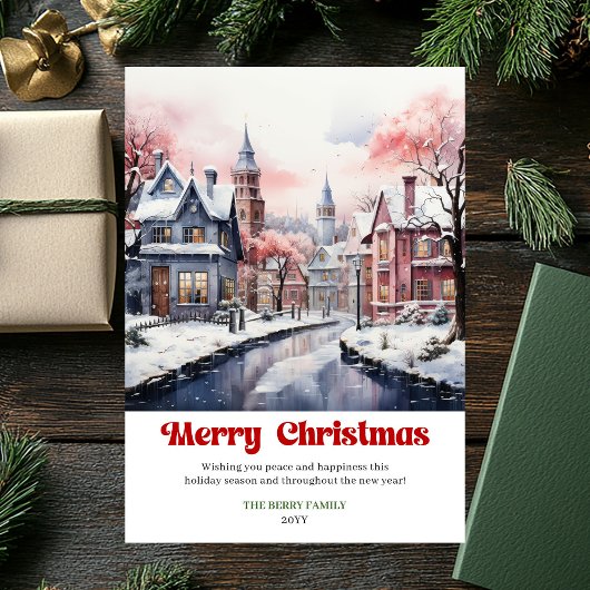 Whimsical rustic Christmas scene bright city art  Feestdagenkaart