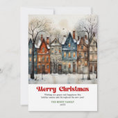 Whimsical rustic Christmas scene bright city art  Feestdagenkaart (Voorkant)