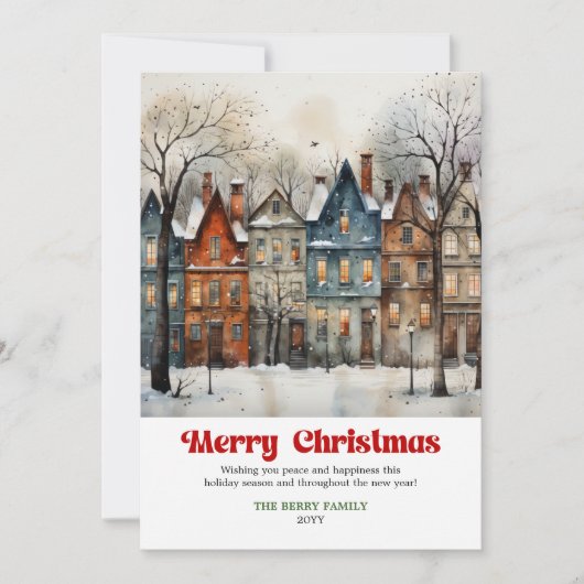 Whimsical rustic Christmas scene bright city art  Feestdagenkaart (Voorkant)