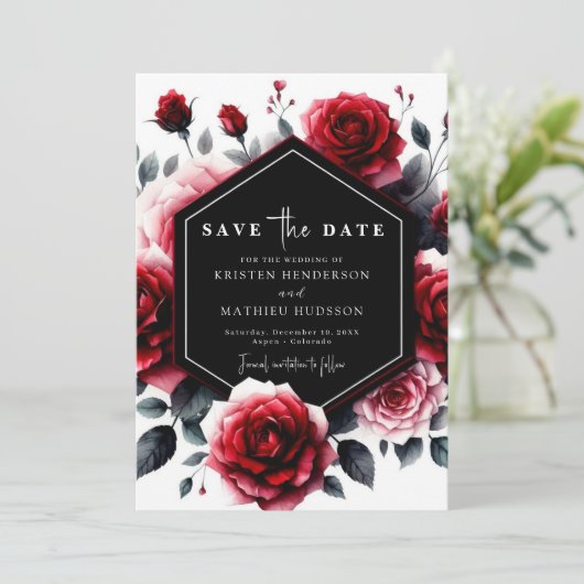 Whimsical Rustic Crimson Red Wedding Save The Date (Staand voorkant)