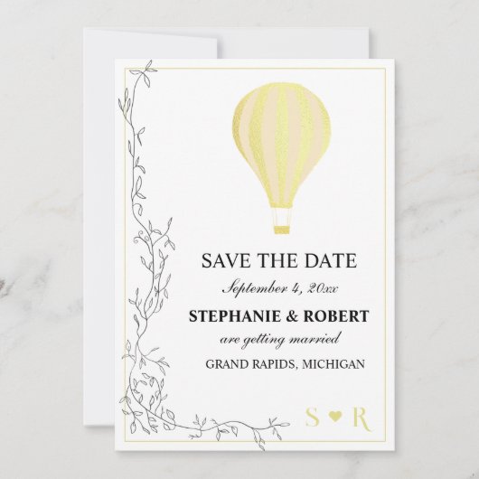 Whimsical Rustic Golden Hot Air ballon Save The Date (Voorkant)