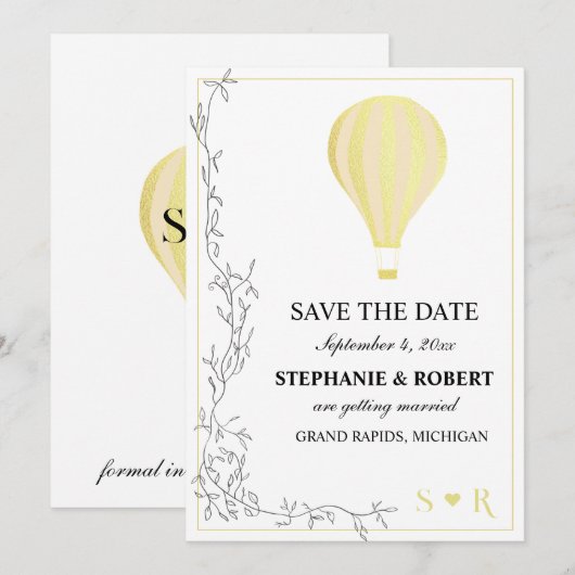 Whimsical Rustic Golden Hot Air ballon Save The Date (Voorkant / Achterkant)