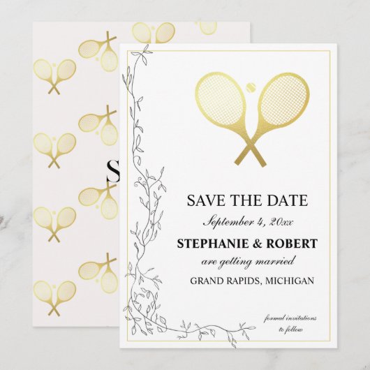 Whimsical Rustic Golden Tennis Thema Save The Date (Voorkant / Achterkant)