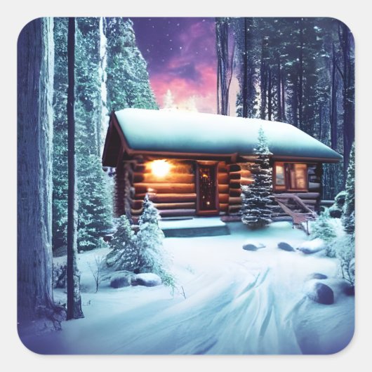 Whimsical Rustic Log Cabin in the Bossen Vierkante Sticker (Voorkant)