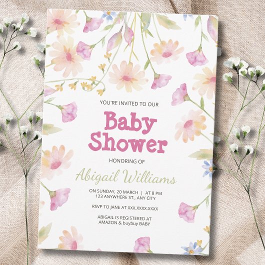 Whimsical Rustic Pink Floral Baby shower Kaart