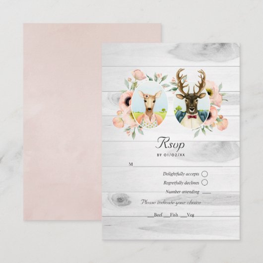 Whimsical Rustic Woodland Forest Deer Wedding RSVP Kaartje (Voorkant / Achterkant)