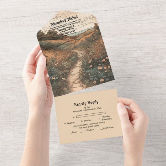 Whimsical rustieke Wildflower Meadow bruiloft All In One Uitnodiging (Afscheurbaar)