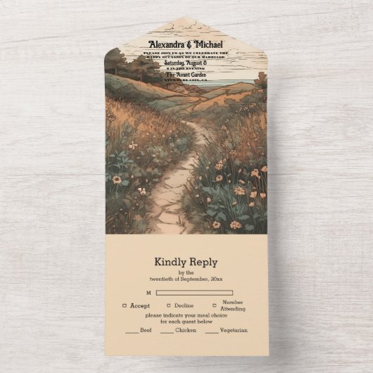 Whimsical rustieke Wildflower Meadow bruiloft All In One Uitnodiging (Binnen)
