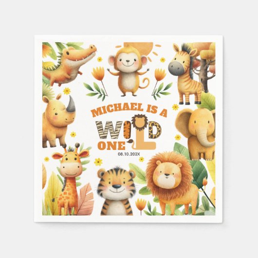 Whimsical Safari Animals WILD ONE 1st Birthday Servet (Voorkant)