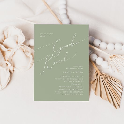 Whimsical Sage Green Baby Gender Reveal Kaart