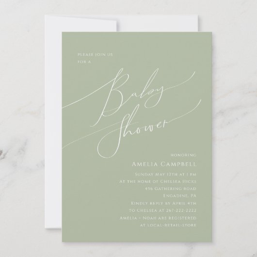 Whimsical Sage Green Baby shower Invitation Kaart (Voorkant)