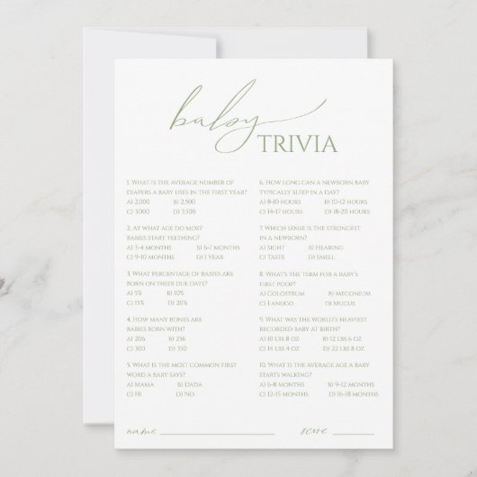 Whimsical Sage Green Baby shower Trivia Kaart (Voorkant)