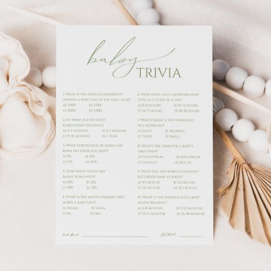 Whimsical Sage Green Baby shower Trivia Kaart