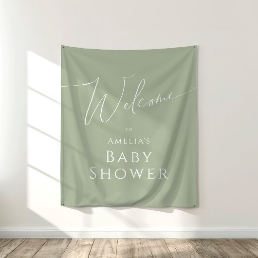 Whimsical Sage Green Baby shower Welkom Achtergron Wandkleed