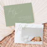 Whimsical Sage Green Bedankt Baby Aankondiging<br><div class="desc">Introductie van onze grillige salie groen dank u baby aankondigingskaart, perfect voor uw eenvoudige moderne boho feest elk seizoen van het jaar! Deze kaart heeft een boho-chique, genderneutrale sfeer met elegante kalligrafie en een delicaat minimalistisch ontwerp, waardoor hij ideaal is voor zowel meisjes als jongens. Bovendien is het bewerkbaar, zodat...</div>