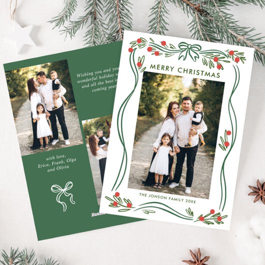 Whimsical Sage Green Christmas Bow Ribbon 3 Foto Feestdagenkaart