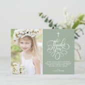 Whimsical Sage Green Eerste Heilige Communie Foto Bedankkaart (Staand voorkant)