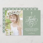 Whimsical Sage Green Eerste Heilige Communie Foto Bedankkaart (Voorkant / Achterkant)