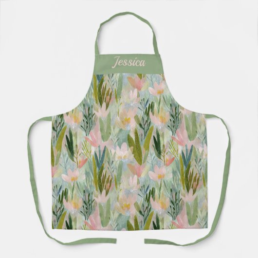 Whimsical Sage Green Floral Personalized Apron Schort (Voorkant)