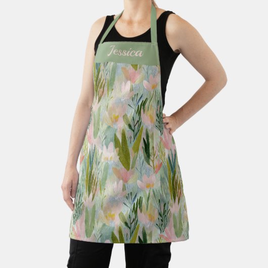 Whimsical Sage Green Floral Personalized Apron Schort (Insitu)