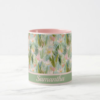 Whimsical Sage Green Floral Personalized  Mok