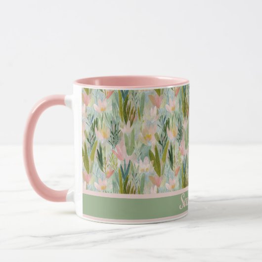Whimsical Sage Green Floral Personalized  Mok (Links)