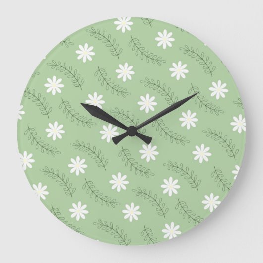 Whimsical Sage Green Floral Retro, vrolijk Grote Klok (Voorkant)