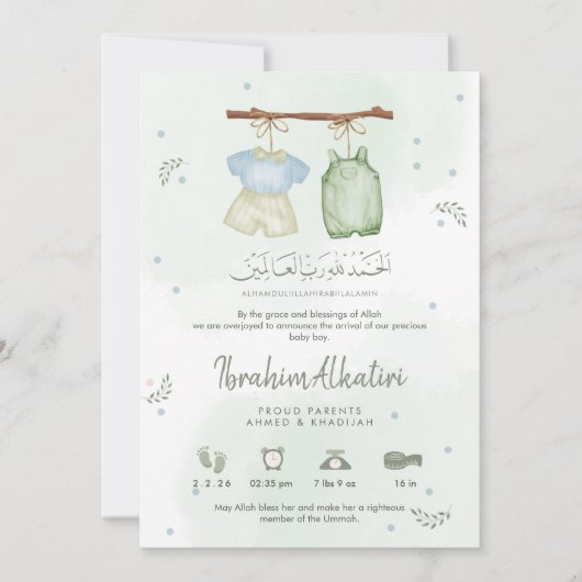 Whimsical Sage Green Islamic Baby Boy Birth Aankondiging (Voorkant)