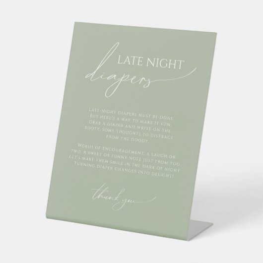 Whimsical Sage Green Late Night Luiers Reclamebord Met Voetstuk (Voorkant)