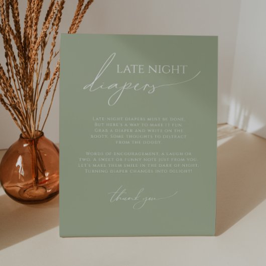 Whimsical Sage Green Late Night Luiers Reclamebord Met Voetstuk