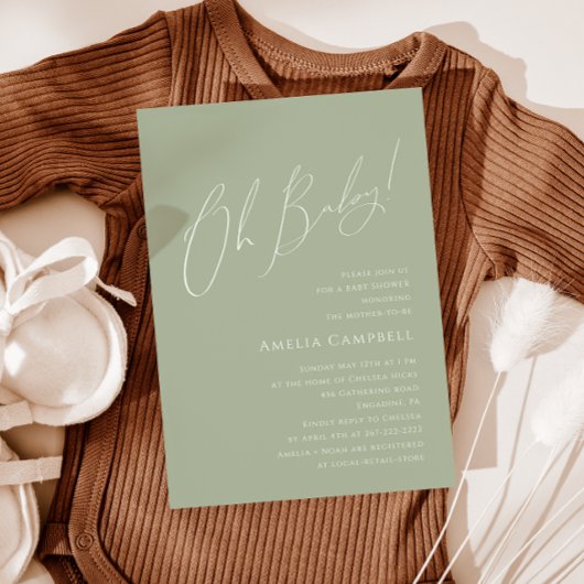 Whimsical Sage Green Oh Baby! Baby Shower Kaart