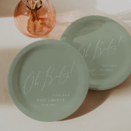 Whimsical Sage Green Oh Baby! Baby Shower Papieren Bordje