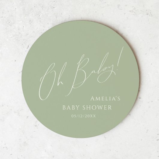 Whimsical Sage Green Oh Baby Ronde Kartonnen Onderzetter