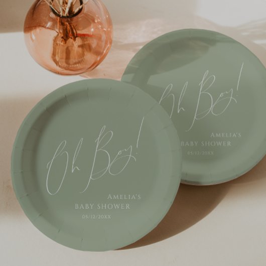 Whimsical Sage Green Oh Boy! Baby Shower Papieren Bordje