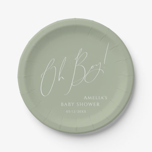 Whimsical Sage Green Oh Boy! Baby Shower Papieren Bordje (Voorkant)