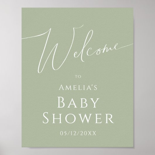 Whimsical Sage Green Welkom Baby shower Teken Poster (Voorkant)