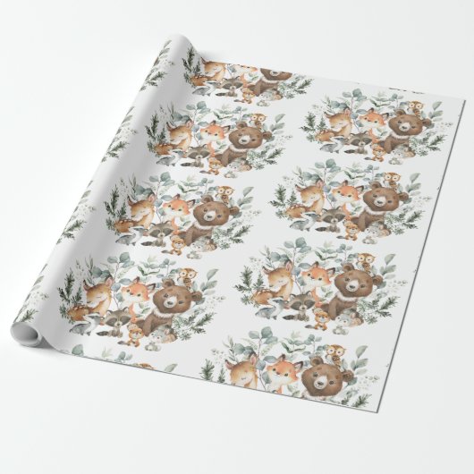 Whimsical Sage Green Woodland Forest Animals Cadeaupapier (Uitgerold)