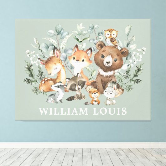 Whimsical Sage Green Woodland Forest Animals Canvas Afdruk (Insitu (Houten vloer))