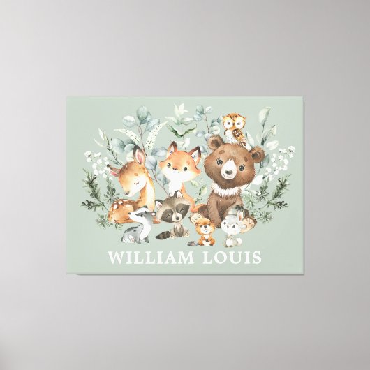 Whimsical Sage Green Woodland Forest Animals Canvas Afdruk (Voorkant)