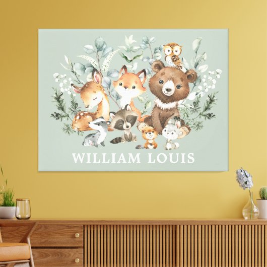 Whimsical Sage Green Woodland Forest Animals Canvas Afdruk (Insitu (Woonkamer))