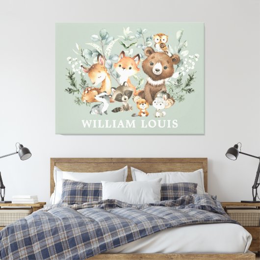 Whimsical Sage Green Woodland Forest Animals Canvas Afdruk (Insitu (Slaapkamer))