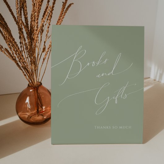 Whimsical Sage Groene Baby shower Boeken en gesche Reclamebord Met Voetstuk