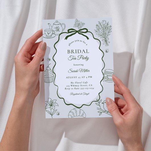 Whimsical Sage Hand Drawn Tea Party Bridal Shower Kaart