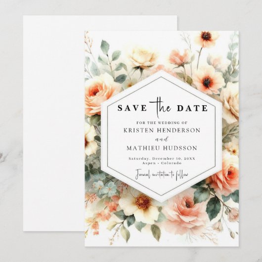 Whimsical Sage Peach Wedding Save The Date (Voorkant / Achterkant)
