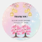 Whimsical Sakura Cherry Blossom Tree Baby shower Ronde Sticker (Voorkant)