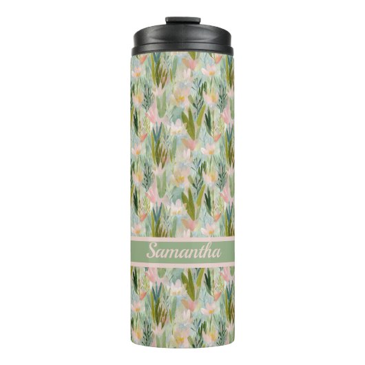 Whimsical Saliegroene Bloemige Gepersonaliseerde  Thermosbeker (Voorkant)