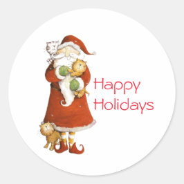 Whimsical Santa and Cats Holiday Ronde Sticker
